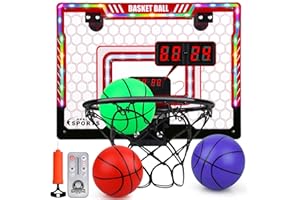 Auney Mini Panier de Basket Enfant,Mural Portable Interieur Exterieur avec Lumières LED,Tableau d'affichage et Chronomètre électronique,Télécommande, Jeux de Basketball Jouets Cadeau pour Garçon Fille