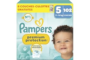 Pampers Premium Protection Taille 5, 102 Couches, Double Protection Pour La Peau Et Contre Les Fuites + 8 couches-culottes gratuites