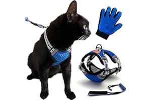 CutePet® - CutePet® - Harnais pour Chat, Chaton, Chiot Bleu S | Lot Harnais Laisse + Gant Brosse | Anti Evasion Réglable, Réfléchissant, Respirant