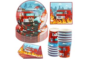 Hmfmdy Fireman Party Tableware Set, 40 Pieces Fire Engine Party Decoration, Fire Engine Birthday Tableware Kit with Paper Plates, Cups, Napkins, Fireman Children's Birthday Party Supplies for 10