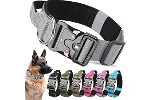 AKOFIC Taktiskt hundhalsband med kontrollhandtag, brett justerbart nylonvadderat hundhalsband för medelstor träning (grå, L)