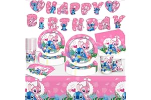 DreamJing Stitch Birthday Party Decorations Tableware Set, Lilo Stitch Party Supplies Paper Plates Cups and Napkins for Kids Birthday Kit 20 Guests B