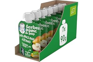 GERBER Organic Pera Manzana Plátano, Bolsita Puré de Fruta para Bebés, 7x90g, a partir de 4 meses