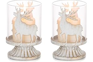 Romadedi Christmas Pillar Candle Holder: Set of 2 Table Decorations Centrepiece Ornaments Vintage Deer Stag Reindeer Decor for xmas Home Fireplace Dinner Advent Gifts Kitchen Shelf Room