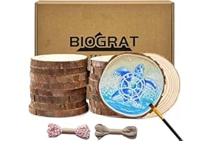 BIOGRAT Dischi di Legno 10 cm preforato Dischetti legno da Decorare, (9-10 cm 16 pz) Tronco Legno Decorativo, con 2 corde da 10 m