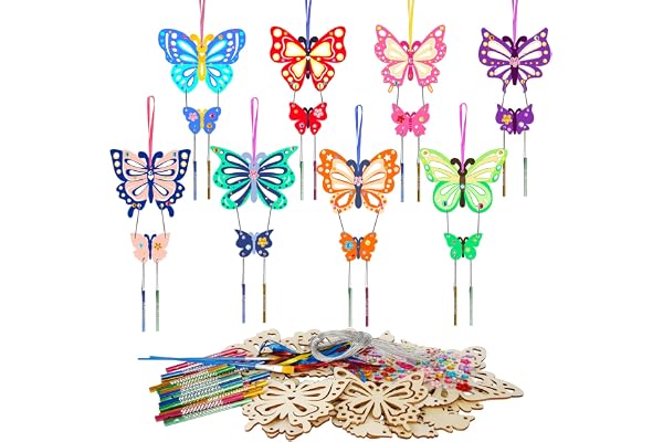 HONMOK 12 Kits Bricolage Papillons en Bois Carillons à Fabriquer pour Enfant Papillon à Peindre Loisir Créatif Fille Garçon Carillon à Vent Créative Fête Halloween Noël Anniversaire