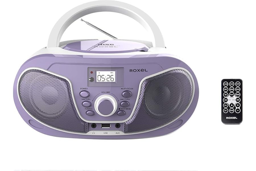 Roxel RCD-S70BT Portable Boombox CD Player with Remote Control, FM Radio, USB MP3 Playback, 3.5mm AUX Input, Headphone Jack, LED Display Wireless Music Streaming (Purple)