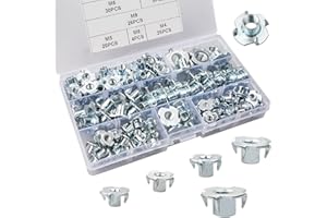 BATEYA 110 Stk Vier-Prong T-Nüsse Kits, Einschlagmuttern mit 4 Einschlagspitzen Verzinkte Gewinde T-Nüsse Sortiment, für Holz, Möbelherstellung, Kletterwand(M4/M5/M6/M8/M10)