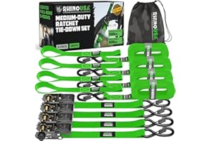 Cinghie a Cricchetto Rhino USA (4-Pack) - 2.5 cm x 4.6 m (800 kg di Resistenza alla Rottura) - Ganci a S di Sicurezza - Cinghie Premium per Camion, Carichi, Traslochi, Elettrodomestici - Verde
