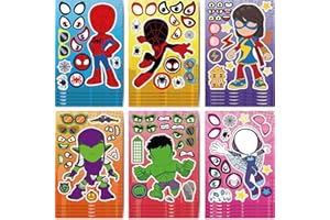 DEJIN 12 Sheets Superhero Stickers DIY Kids Stickers, Make Your Own Party Favor Bag Stickers, Birthday Party Supplies Favors Face Sticker Crafts, Spider Party Favors Favor Bag Fillers