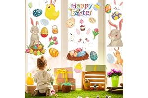 LLNRC Paques Fenetre Autocollants,9 Feuilles Réutilisable Stickers Paques Enfant Electrostatique,Décorations de Pâques Oeufs et Lapin pour Porte Vitre,Vitrine,Autocollants en Verre Pour le Jour de Pâques