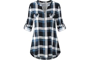 Lalala Damen V-Ausschnitt 3/4 Ärmel Bluse Einfarbig Kariertes Hemd Reißverschluss Tunika Tops Longshirt Hemd T-Shirt