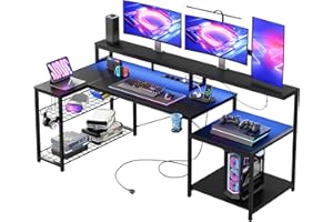 Bestier Mesa Gaming 181cm, Escritorio Gaming con Luces LED, Mesa Gaming para PC con 3 Tomas de CA y 2 Puertos de Carga USB, Escritorio para Ordenador con Amplio Estante para Monitor