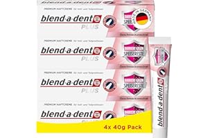 ‎BLEND-A-DENT Blend-a-dent Plus Barriere Gegen Speisereste Premium Haftcreme, für Voll- und Teilprothesen, Geschmacksneutral, Made in Germany, 4x 40g Pack,Weiss
