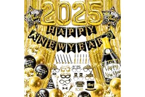 Humairc XXL Silvester Deko 2025 Happy New Year Deko 2025 Nummer Folienballon Flaschenballon, Banner, Luftballon, Glitzer Vorhänge, Foto Requisite Silvester Deko Silvester Party Set