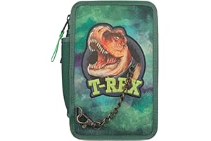 Depesche 12506 Dino World - wypełniony 3-komorowy piórnik w kształcie dinozaura z łańcuszkiem, piórnik z kolorowymi kredkami, linijką, nożyczkami itp.