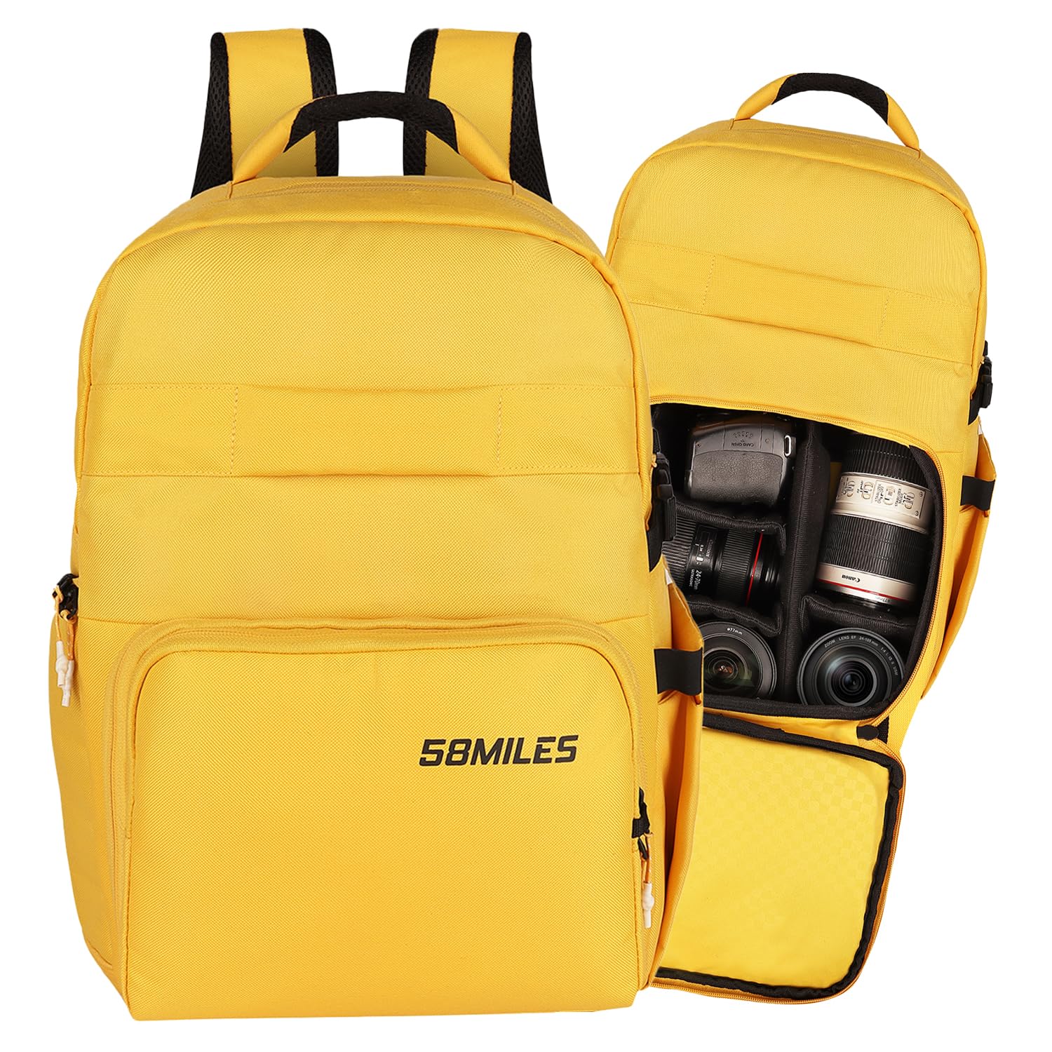 58MILES Camera Backpack - 22L DSLR Camera Bag with Customizable Compartments, 16" Laptop Sleeve, Tripod Holder, Cameras & Lens Accessories Bag w/Rain Cover for Photographers, Travel & Outdoor - Yellow