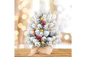 TIMIYOU Arbol de Navidad, 50CM Mini Arboles de Navidad con Nieve, Arbol de Navidads Blanco con Piñas y Frutos Rojos, Arbol de Navidads Pequeño para Decoración Navideña En Casa, Oficina