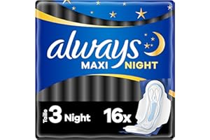 Always Maxi Podpaski higieniczne, rozmiar 3, noc, 16 serwetek ze skrzydełkami, strumień bardzo obfity w noc, wysoce chłonne serce i bariery zapobiegające przeciekaniu