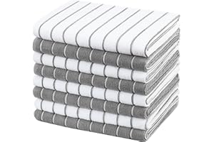 gryeer Microfibre Tea Towels - Pack of 8 (Stripe Designed Grey and White Colours) - Soft, Super Absorbent and Lint Free Kitchen Towels, 45 x 65 cm