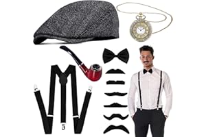 Goenb 20s Accesorios, Carnaval Hombres Gorra Tirantes Hombres Reloj de Bolsillo Vintage Hombres Decoración de Set de Disfraces para Carnaval Halloween