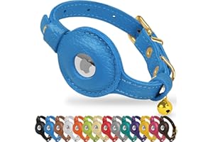 OOPSDOGGY Cat Collar with Bell for AirTag - Non Breakaway Leather Kitten Collar with Apple Air Tag Holder - Lightweight Integrated GPS Pet Collars for Girl Boy Cats, Small Dogs, Puppies (Blue)