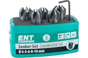 ENT EUROPEAN NORM TOOLS ENT 26516 Set Punta Svasatore 5 Pezzi HSS, Diametro (d) 4, 5, 6, 8 E 10 mm, E 90°, Rotazione a destra - Set Svasatore - Set Punte Svasatore per Legno - Punte Svasatura