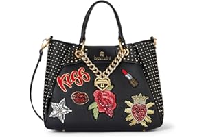 Braccialini Rock Borsa a mano con patch realizzati a ricamo e applicazioni in jais e paillettes arricchiti da una fitta cascata di micro borchiette dorate e da una maxi catena con ciondolo logato a