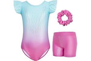 Gogokids Girls' 3 Piece Flutter Sleeve Gymnastics Set - Kids Gymnastics Leotards with Gradient Sequin & Glitter Design, Gymnastics Costumes Set Includes Leotard, Shorts and Hair Tie for Ages 3-12