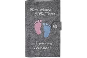 Goldi-Design Mutterpasshülle 50% Mama 50% Papa zur Aufbewahrung von Ultraschallbildernaus 100% Wollfilz mit extra Fächer und Lasche mit Druckknopf (grau meliert)