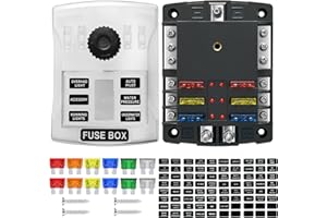 LPLUZIYYDS 200A 6 Way Blade Fuse Block, 6 Circuits Boat Fuse Box Panel with Dual Positive Power Inputs and Negative Bus, Standard ATC/ATO Holder with LED Indicator, for 12V/24V Car Truck Marine