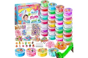 YOPINSAND 32 Colori Fai da Te Slime Kit Slime Making per Ragazze, Crystal Clear Slime, Glow in the Dark Slime con Sfere di Schiuma Aggiuntive, Charms, Glitter, Giocattolo Regalo per Bambini
