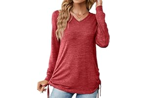 Genfien Camiseta Mujer de Manga Larga Blusa Cuello en V Casual Manga Larga Tshirt Sexy Color Sólido Camiseta de Mujer con Cordón en La Cintura