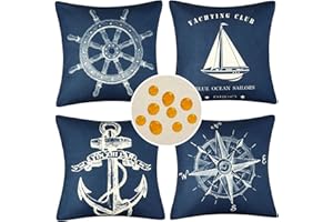 HOMESTILEZ Fodere per Cuscini per Divano 45x45 cm Nautico Ancora Timone Bussola Barca a Vela Copricuscini Decorative Impermeabili da Esterno in Lino Fodere Quadrate per Cuscino per Soggiorno Camera Set di 4