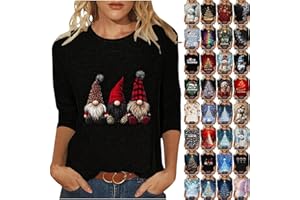 KUIH Christmas Tops for Women Novelty Funny Xmas Tees Elk Snowman Print 3/4 Sleeeve Blouse Lightweight Christmas Tree Jumper Holiday Crewneck Tunic Tops Fashion Tshirts for Work Office Party