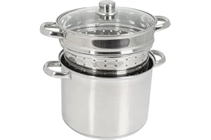 Crealys 504626, Cuit-pâtes Olympe 8 litres Inox, diam. 24 cm - couvercle en verre et panier à pâtes / légumes - tous feux dont induction, Gris