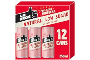 Lo Bros Kombucha - Raspberry & Lemon - Sparkling Refreshing Drink with Natural Ingredients and Live Cultures, Supports Gut Health, Low Sugar, Vegan, Gluten Free- 12 x 250ml