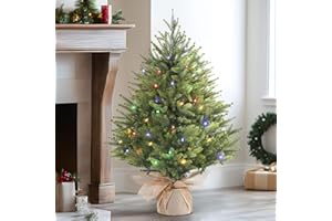 Alupssuc 2FT Pre-lit Artificial Mini Christmas Tree,PE Branches with Burlap Bag Base, Color LED Lights,12 Light Modes, Perfect for Xmas Decorations, Home, Kitchen, Dining-Green