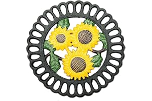 Sungmor Salvamanteles de hierro fundido resistente, salvamanteles decorativos para cocina o mesa de comedor, 7.5 x 7.5 pulgadas, redondo con bonito patrón de girasol vintage