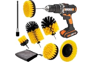 vvhippo 8 Stück Bürstenaufsatz Bohrmaschine Set, Bürste für Akkuschrauber Power Scrubber Drill Brush Attachment mit Reinigungstuch für Auto Felgen Fliesen Küche Böden Badewanne, Gelb