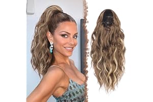 FESHFEN Coda Posticci per Capelli con Coulisse, 45 cm Lunga Coda di Cavallo Extension Ondulata Ricci Posticci Sintetici Capelli Ponytail Extensions per Donna, Castano Chiaro e Biondo