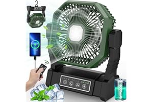 BIBURY Camping Ventilatore con luce LED, ricaricabile per tenda da campeggio all'aperto con gancio e telecomando, ventilatore da scrivania USB potente a 4 velocità per pesca, pic-nic (verde-nero)