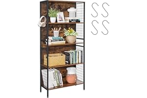 VASAGLE Book Shelf, 5-Tier Bookcase, Shelving Unit with 4 Hooks, 30 x 74 x 154 cm, for Office, Study, Living Room, Bedroom, Rustic Brown and Ink Black LBC023B01