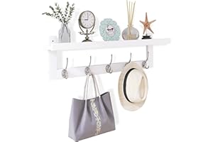 SMIBUY Percheros con Estante de Pared, Perchero de Entrada de 74 cm para Pared, Estante Colgante de Bambú con 5 Ganchos Dobles de Metal para Baño, Dormitorio, Cocina, Sala de Estar (Blanco+Plata)