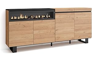 Skraut Home | Aparadores para salón | Gran Capacidad de almacenaje | 200x87x35cm | 4 Puertas | Chimenea eléctrica | Diseño Industrial | Estilo Moderno | Roble y Negro