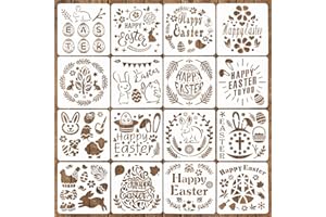 GELUODE 16 Sheets 5.1X5.1 Inches Easter Painting Stencils,Happy Easter Bunny Eggs Sheep Chick Template,Easter Decoration for Crafts Reusable
