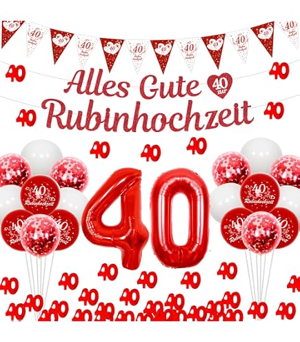 10 Rote Herzballons ‚40 Jahre Rubinhochzeit‘ – Aus Naturlatex, Ca. 30 Cm, Mit Helium Fliegbar