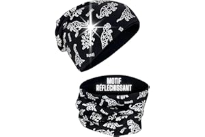 HECKBO Ensemble Bonnet 360° Réfléchissant & Tour de Cou Enfant – 95% coton – Matière extensible douce et facile d’entretien – Bonnet pour printemps, automne et hiver (48–54 cm)