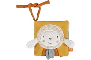Fehn libro ovejas fehnNATUR, Libro de tela para cochecito, Libro de juguete para bebé con chirriador, papel susurrante y espejo, Libro de tela para bebés y niños pequeños de 0+ meses