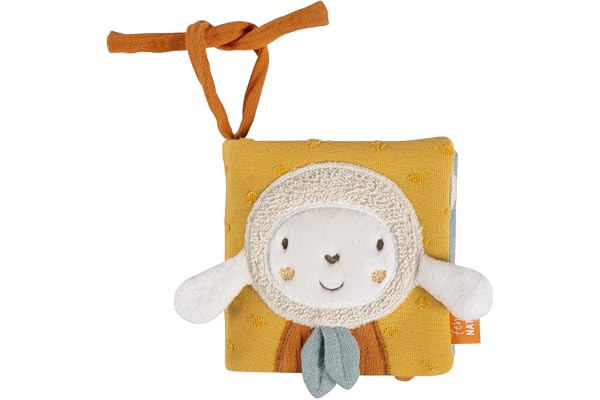 Fehn livre tactile mouton NATUR - Livre pour poussette en tissu - avec couineur, papier bruissant, miroir et cordons de fixation - Livre en tissu pour bébés et enfants en bas âge dès la naissance
